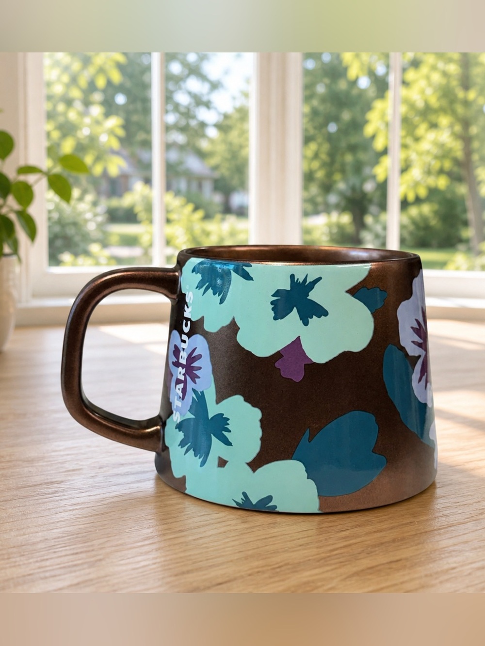 New 2020 Starbucks 14oz Bronze Teal Lavender Pansy Flower Floral Coffee Tea Mug